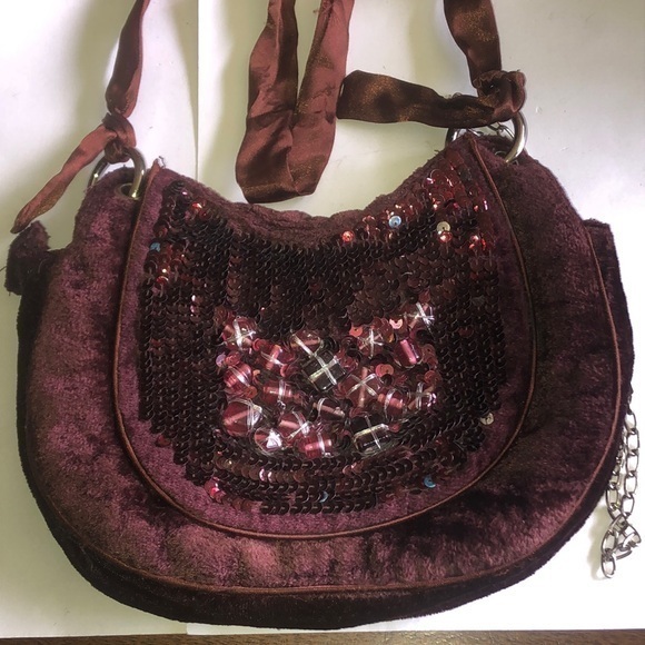Vintage Handbags - Velour Glass Beaded Vintage Boho Mid Century Modern Handbag Purse